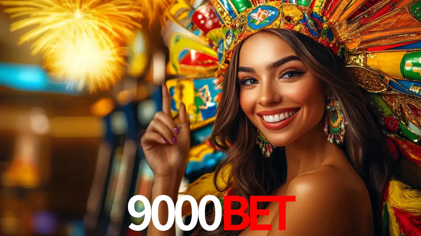 Mulher sorridente com um cocar de carnaval vibrante e colorido, celebrando uma grande vitória nos jogos do cassino 9000bet com fogos de artifício ao fundo.