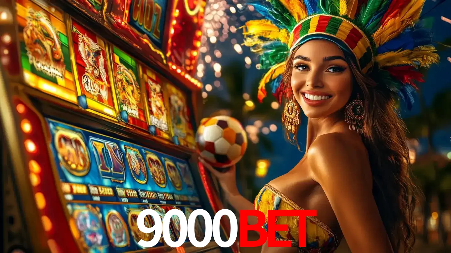 Mulher com um cocar de carnaval ao lado de uma máquina de caça-níqueis enquanto segura uma bola de futebol, mostrando a união da diversão de cassino e esportes no 9000bet.