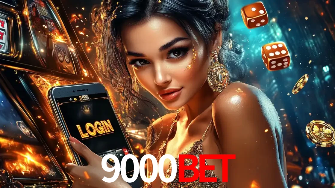 Mulher glamourosa segurando um celular com a tela de login do cassino 9000bet, rodeada por dados e moedas douradas, pronta para começar a diversão.