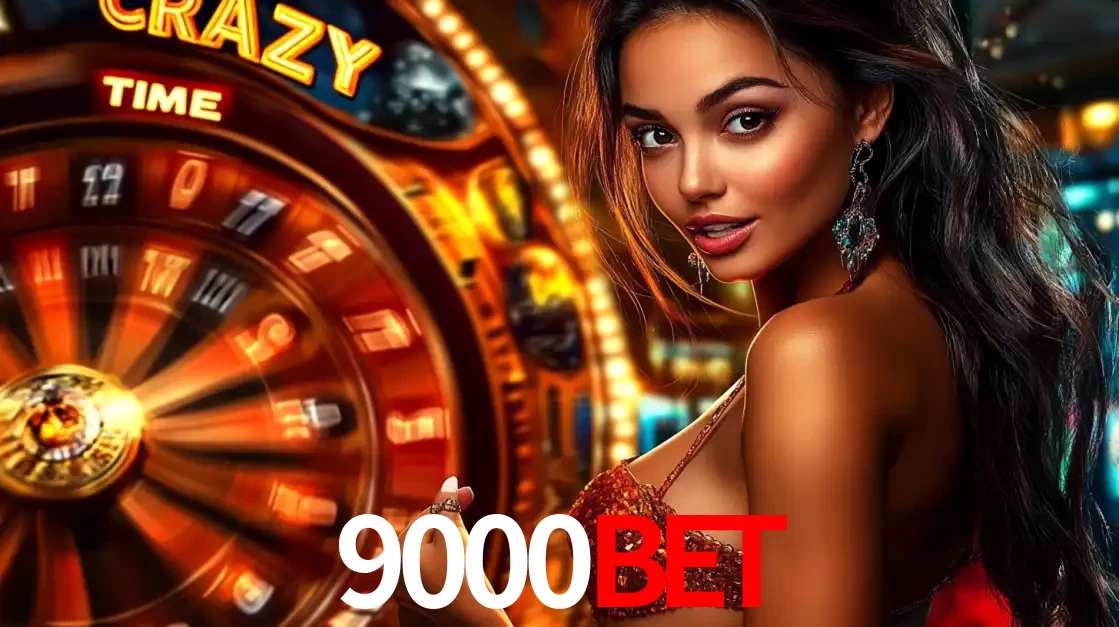 Mulher ao lado da roda de prêmios do jogo de cassino ao vivo Crazy Time, um dos shows de jogos mais emocionantes oferecidos pela plataforma de apostas 9000bet.
