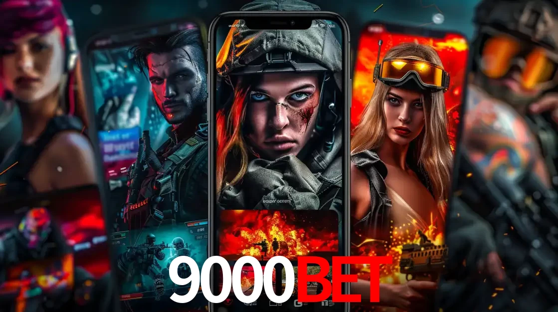 Montagem de telas de celular mostrando diversos personagens, masculinos e femininos, de um jogo de tiro, ilustrando a diversidade de equipes de e-sports para apostar no 9000bet.