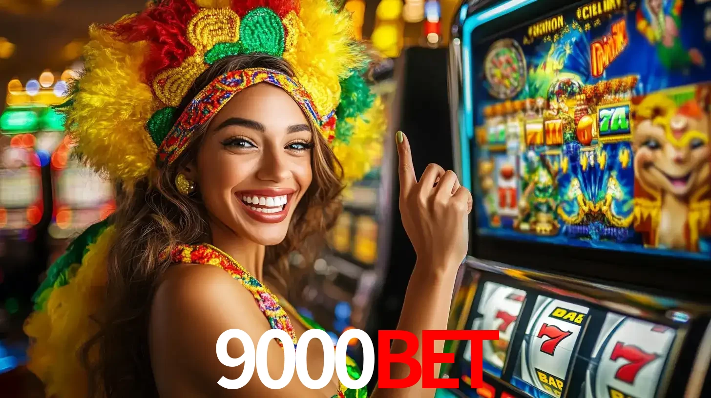 Mulher animada com um cocar de carnaval apontando para uma máquina de caça-níqueis, mostrando a emoção de ganhar um grande prêmio nos jogos do 9000bet.