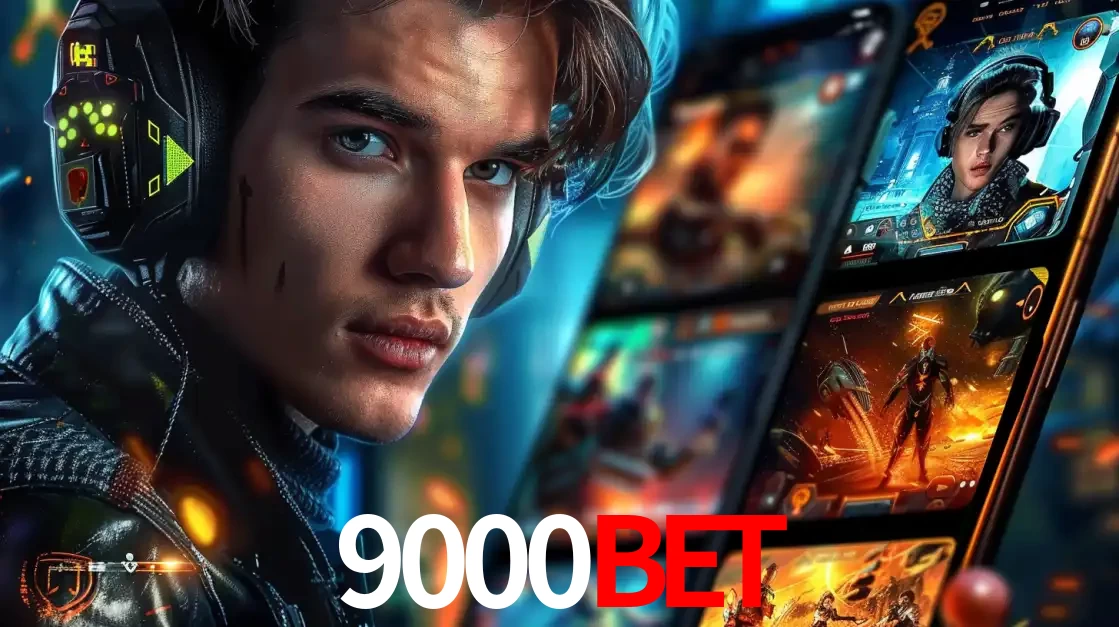 Jovem jogador com fones de ouvido olhando para a câmera, com um aplicativo de jogos e e-sports para celular ao fundo, pronto para a competição e apostas no 9000bet.