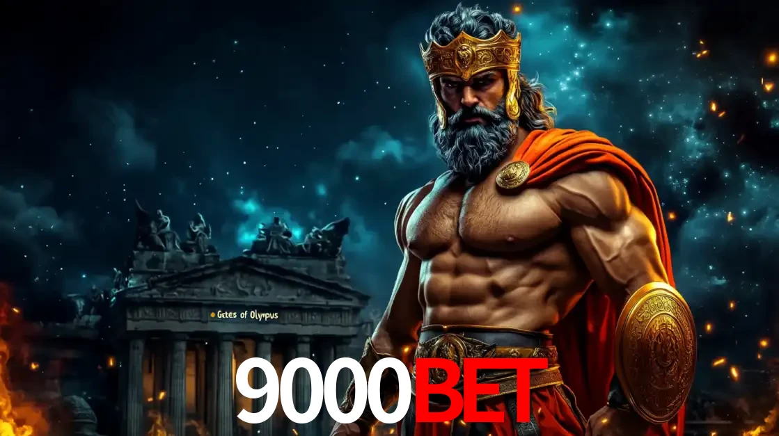 O poderoso Zeus do jogo de slot Gates of Olympus em frente ao seu templo, pronto para lançar multiplicadores divinos e prêmios épicos no cassino online 9000bet.