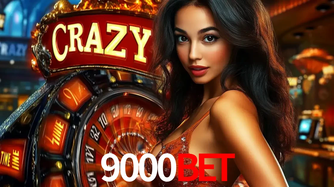Mulher glamourosa olhando para a câmera com a roda vermelha do Crazy Time ao fundo em um ambiente de cassino, destacando a emoção dos jogos ao vivo no 9000bet.