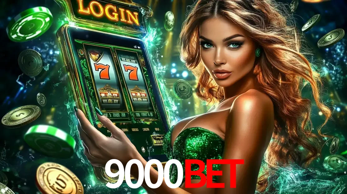 Mulher com tema verde apresentando o aplicativo do cassino 9000bet com um jogo de slot de 777, cercada por fichas de cassino e uma aura de sorte.