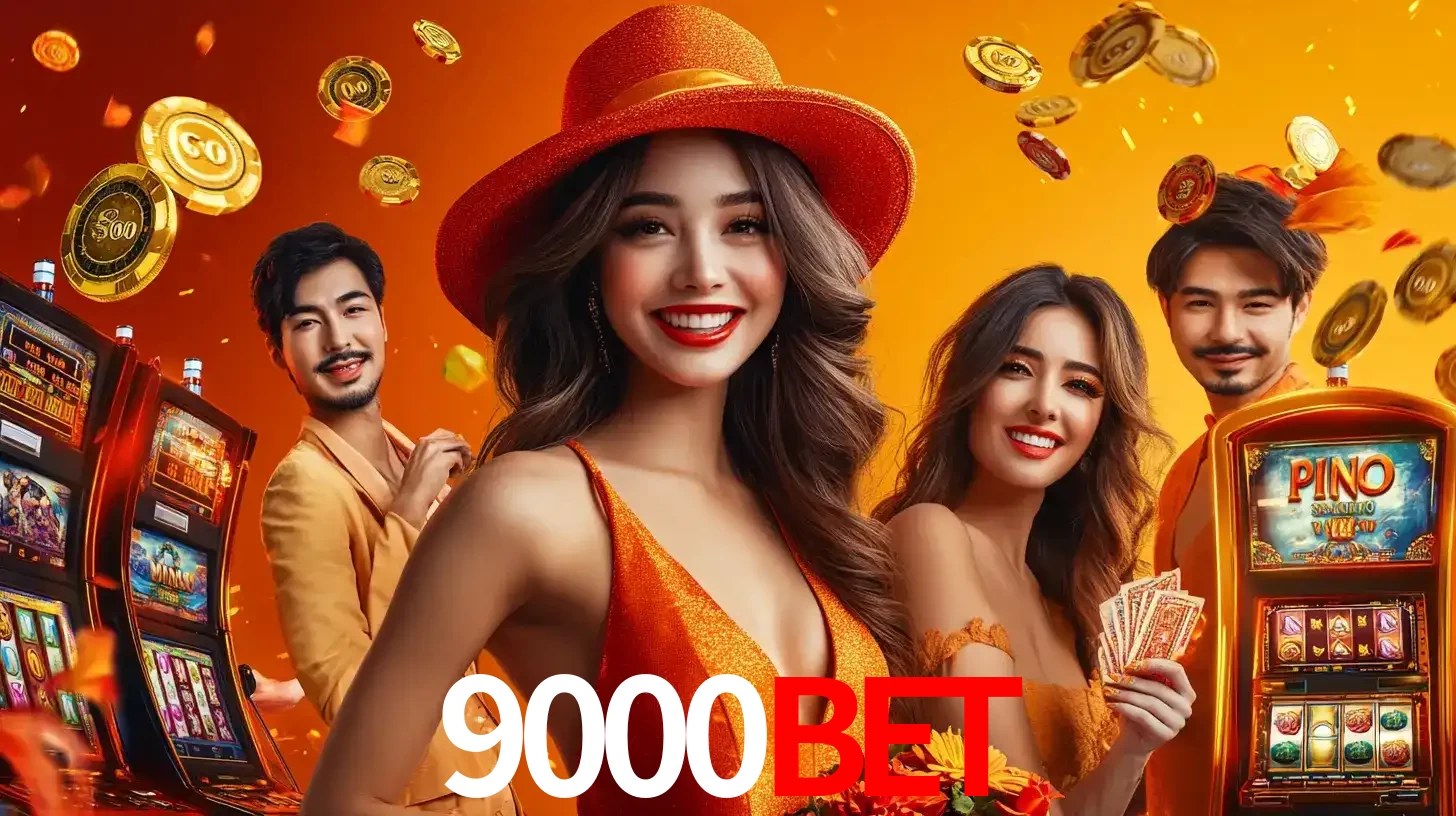 Grupo de amigos asiáticos sorrindo e se divertindo com máquinas de caça-níqueis em um ambiente festivo, celebrando suas vitórias nos jogos de cassino do 9000bet.