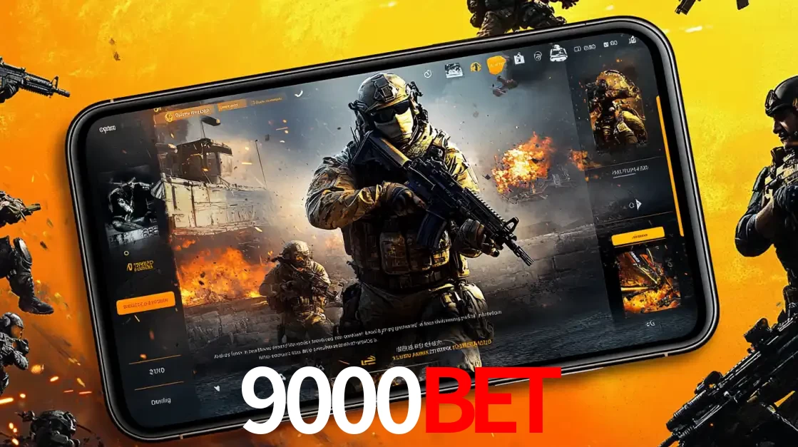 Um smartphone exibindo a interface de um jogo de tiro em primeira pessoa, com um soldado em um cenário de batalha, representando a ação dos e-sports para apostar no 9000bet.