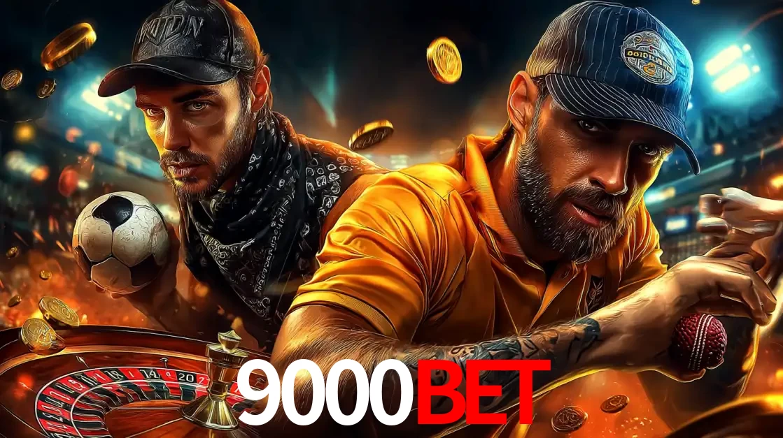Montagem de apostas esportivas e cassino no 9000bet, com um homem segurando uma bola de futebol e outro uma de beisebol sobre uma roleta e moedas voadoras.