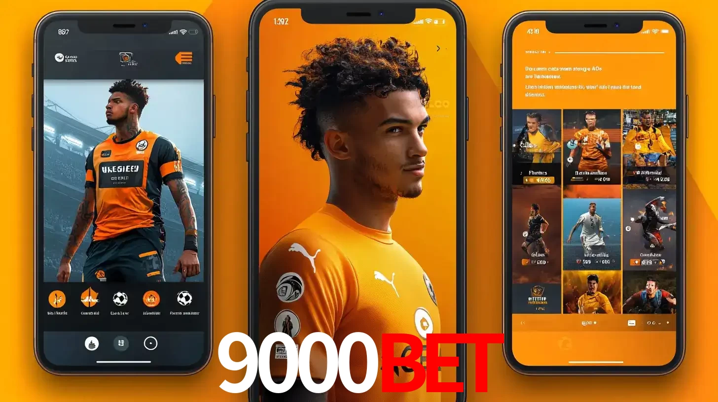 Interface do aplicativo de apostas esportivas 9000bet em três telas de celular, mostrando o perfil de um jogador de futebol e a lista de jogos disponíveis para apostar.