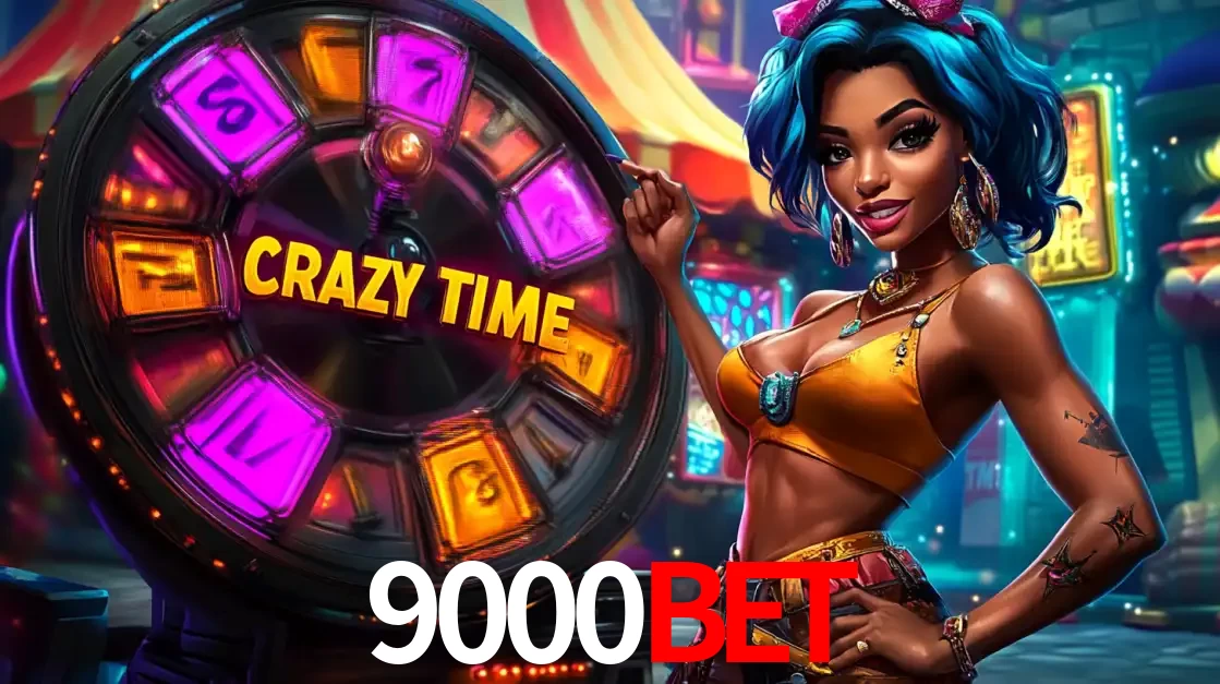 Mulher estilizada com cabelo azul e visual vibrante posando ao lado da roda de prêmios do game show Crazy Time, convidando para a diversão e os bônus do cassino 9000bet.