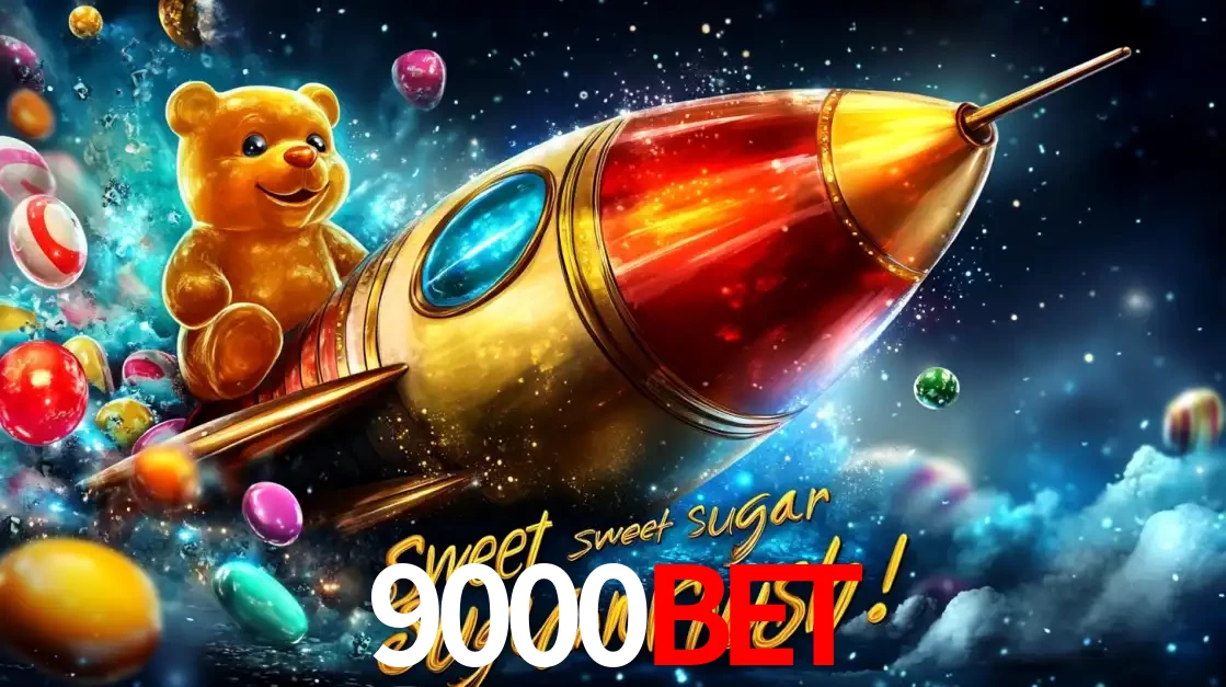 Arte promocional do jogo de slot Sugar Rush, com um urso de pelúcia em um foguete viajando pelo espaço de doces, um dos jogos divertidos disponíveis no cassino 9000bet.