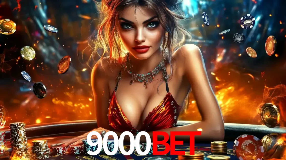 Mulher em uma mesa de cassino com pilhas de fichas e um fundo de fogo, pronta para uma rodada de altas apostas nos jogos de mesa emocionantes do cassino 9000bet.