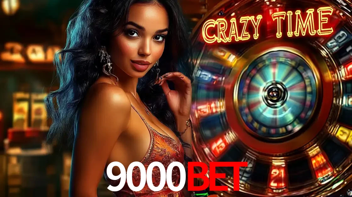 Mulher elegante ao lado da vibrante roda da fortuna do jogo de cassino ao vivo Crazy Time, um dos game shows mais populares e cheios de prêmios do 9000bet.