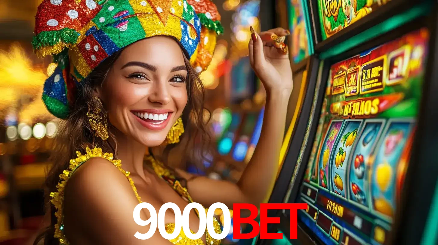 Mulher feliz com traje de carnaval amarelo e colorido ao lado de uma máquina de caça-níqueis, aproveitando a diversão e os jogos temáticos do cassino 9000bet.
