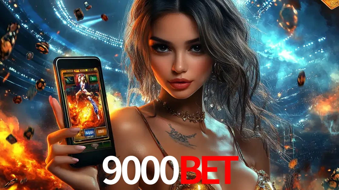 Mulher segurando um celular com um jogo de slot em destaque, tendo como fundo um estádio vibrante, simbolizando a emoção de jogar no cassino móvel 9000bet.