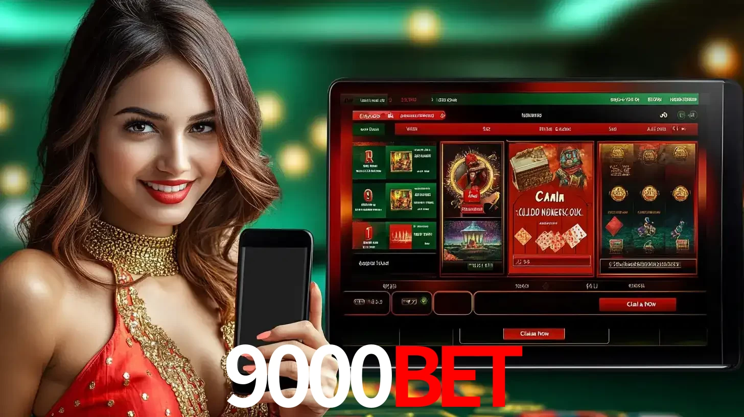 Mulher sorridente segurando um smartphone, ao lado de uma tela exibindo o lobby de jogos do cassino online 9000bet, com várias opções de jogos de cartas e slots.